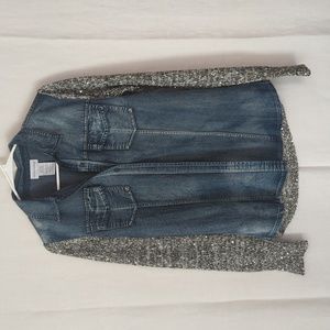 Soft Surroundings Denim Chambray Button Up with Grey Sequin Knit Back Sleeves Sm